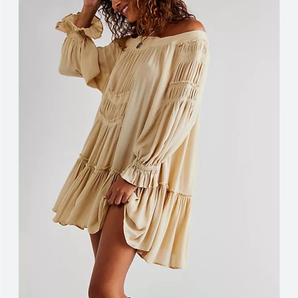 NWT Free People Sea Ya There Smocked Ruffled Mini Dress Cream